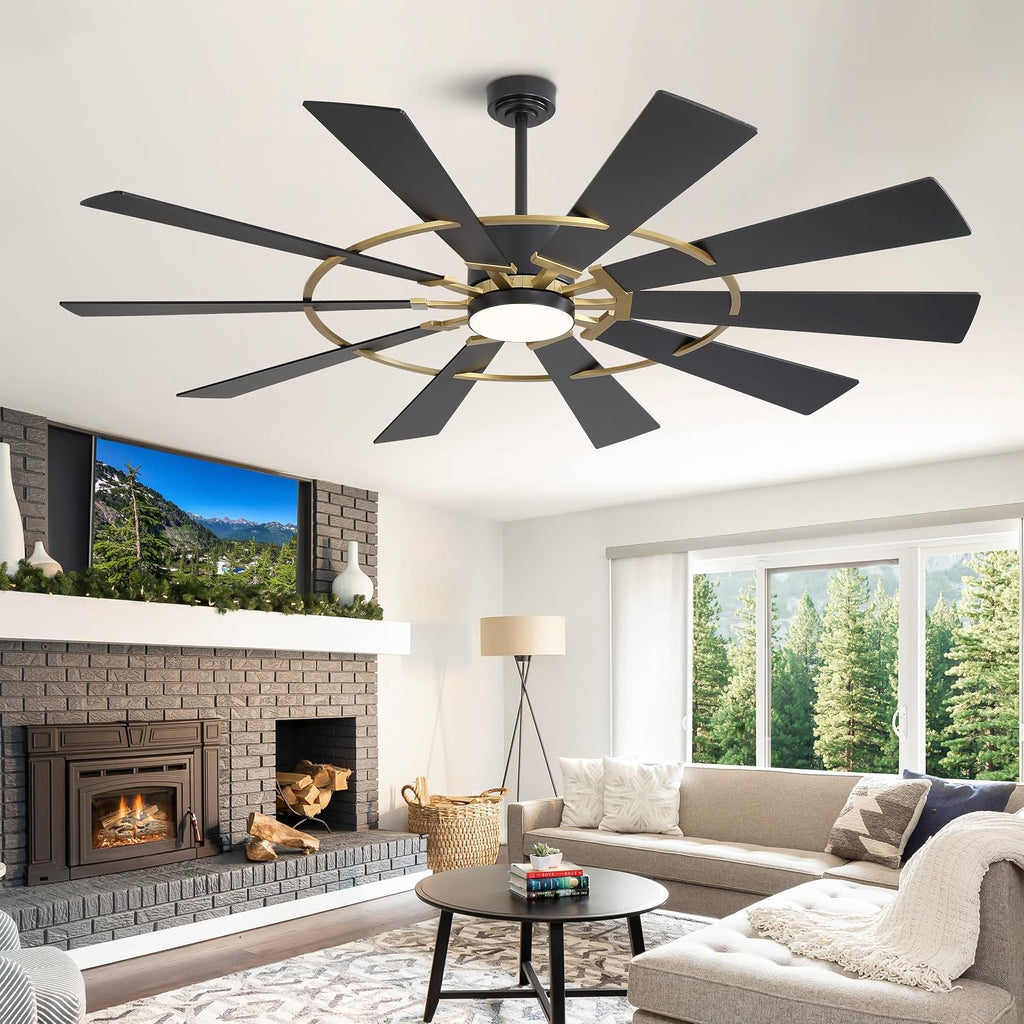 WINGBO 72' Windmill Ceiling Fan with Lights, 3 Downrod, 6-Speed Reversible DC Motor, 3CCT, 10 Blade Indoor Farmhouse DC Ceiling Fans for Kitchen Bedroom Living Room Patio, Aged Brass and Black