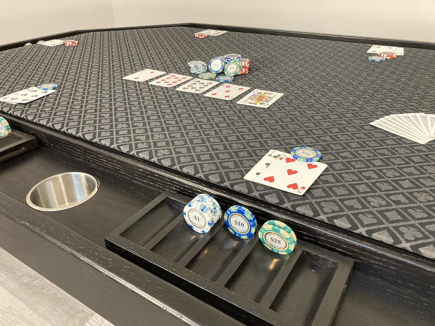 American Furniture Classics 75' Stretched Octagon Poker/Dining Table with Charcoal Speedcloth, 10 Chip Trays and Cup Holders with Table Topper in Mocha Finish