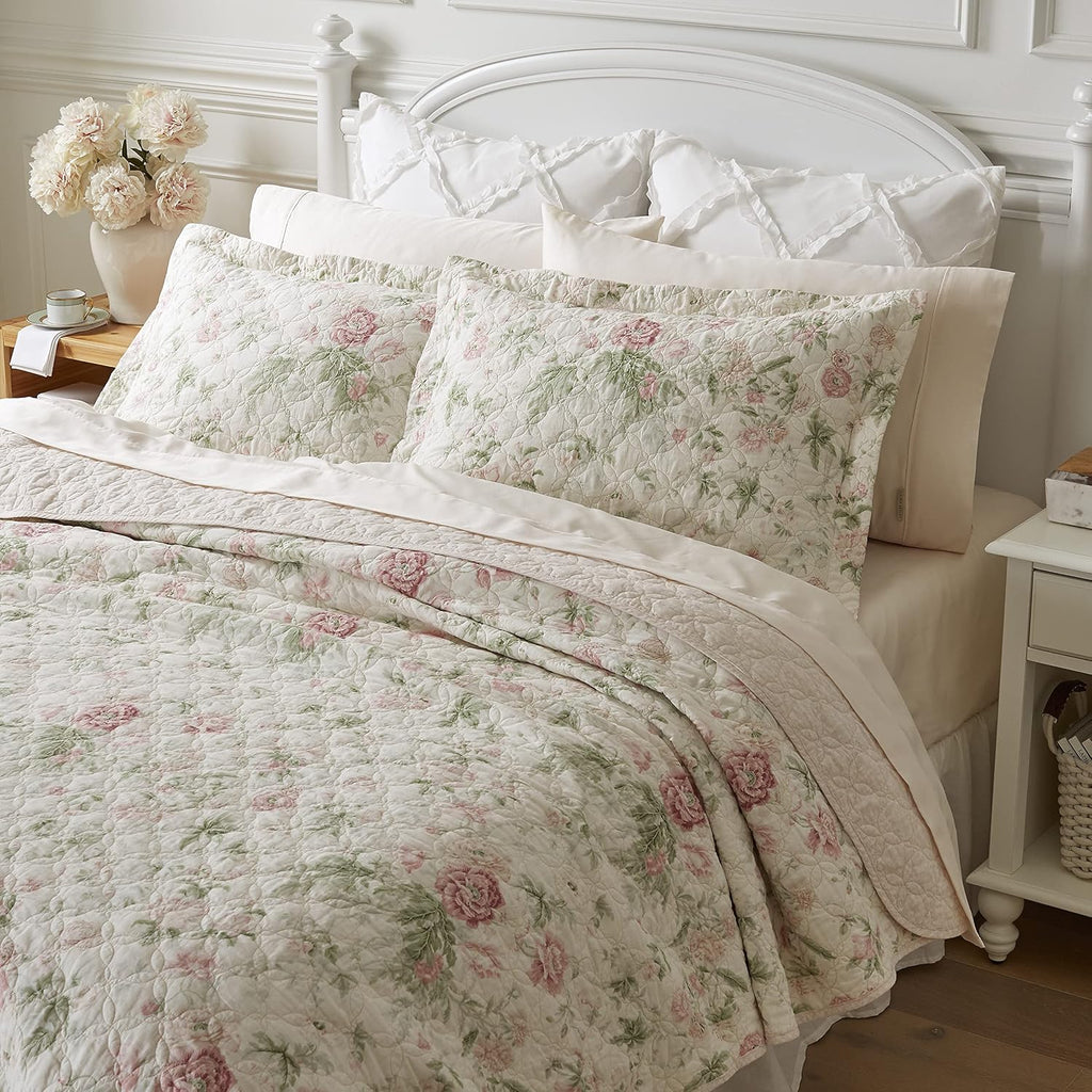 Laura Ashley - King Quilt Set, Reversible Cotton Bedding with Matching Shams, Lightweight Home Decor for All Seasons (Breezy Floral Pink/Green, King)