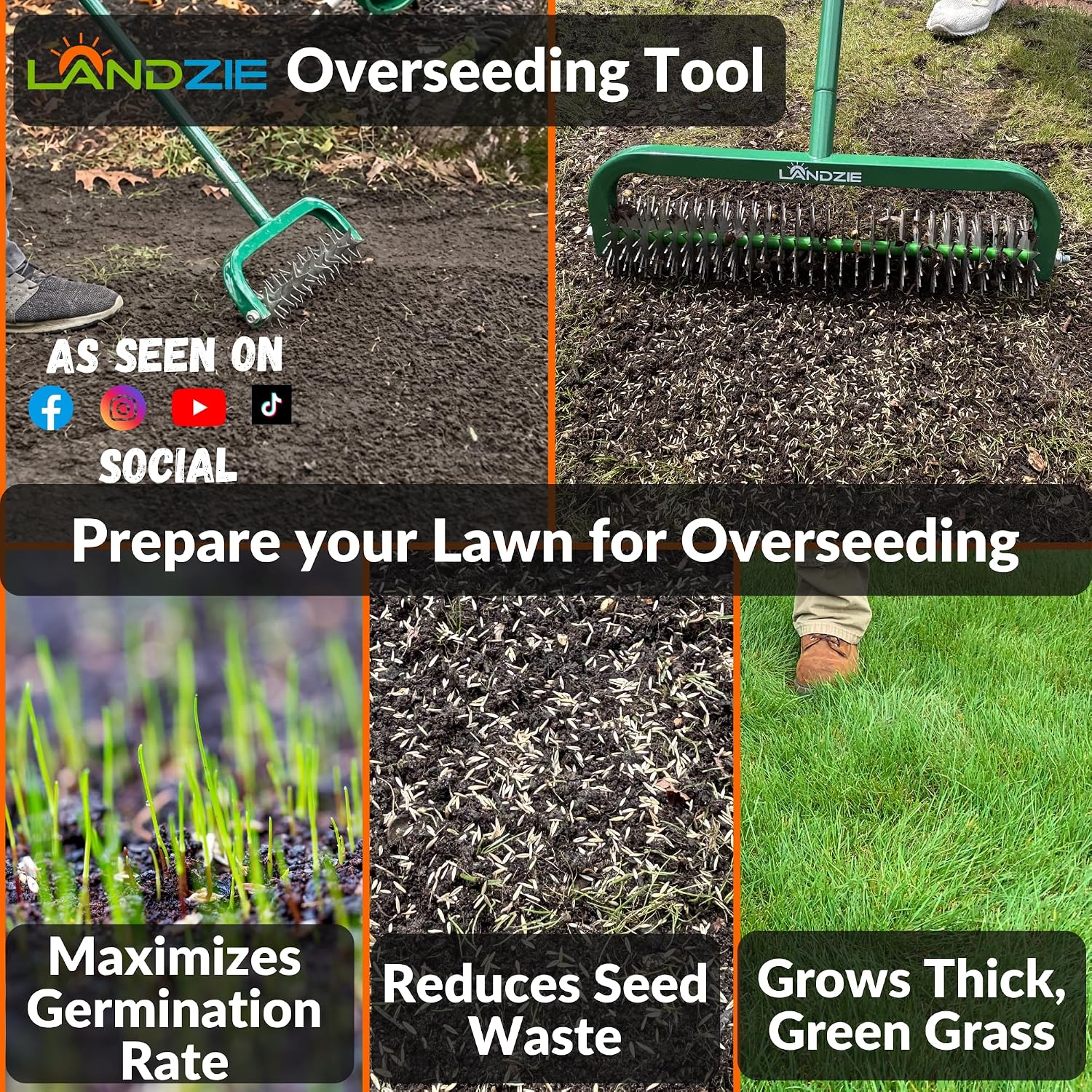 Landzie Overseeder - Rotary Cultivator Overseed Tool – Cuts Precise Channels in Soil to Improve Seed-to-Soil Contact and Boost Grass Seed Germination – Ideal for Reseeding and Soil Prep of your Greens