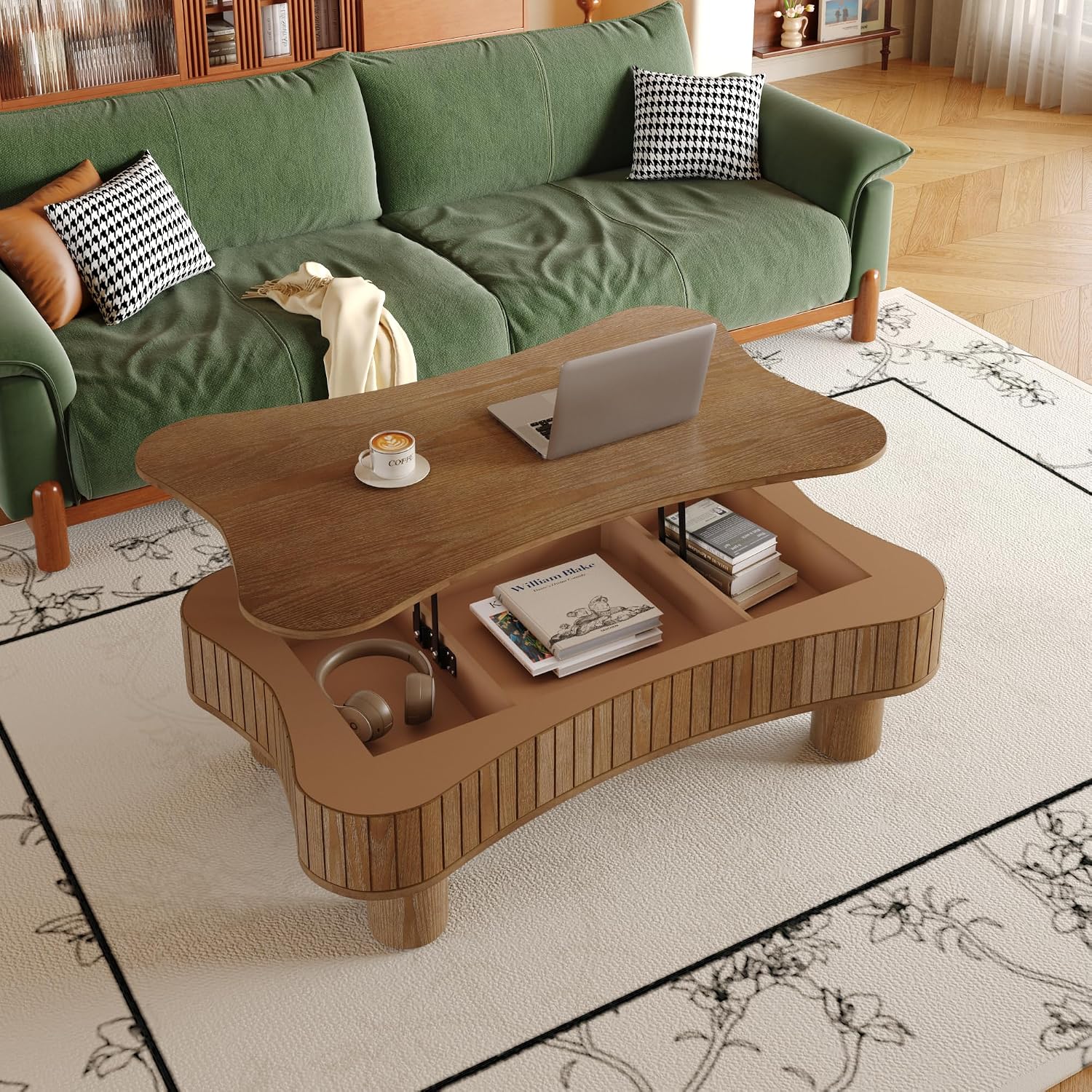 Zurnes Lift Top Coffee Table with Storage, 42' Accent Table for Living Room, Fluted Panel Hidden Storage, Silent Hydraulic Lift, Curved Corners, Easy Assembly, Walnut