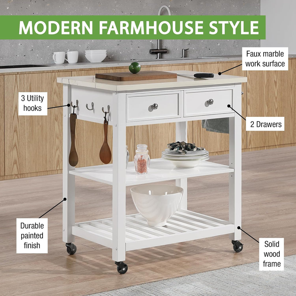 OSP Home Furnishings Litchfield Modern Farmhouse Kitchen Cart, Solid Wood Frame with Storage Drawers, Shelves, Locking Casters, White with Faux Marble Top