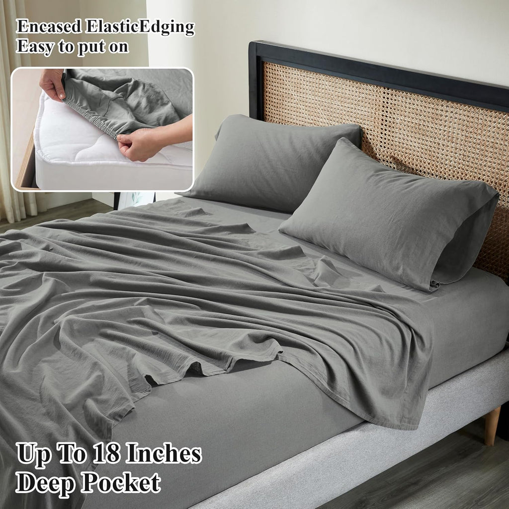Superior Cotton Linen Blend Sheet Set, Bedsheets for Home Decor, Modern Solid Bedding Includes 1 Oversized Fitted Sheet, 1 Flat Sheet, 2 Pillowcases, Bedroom Essentials, King Size, Charcoal