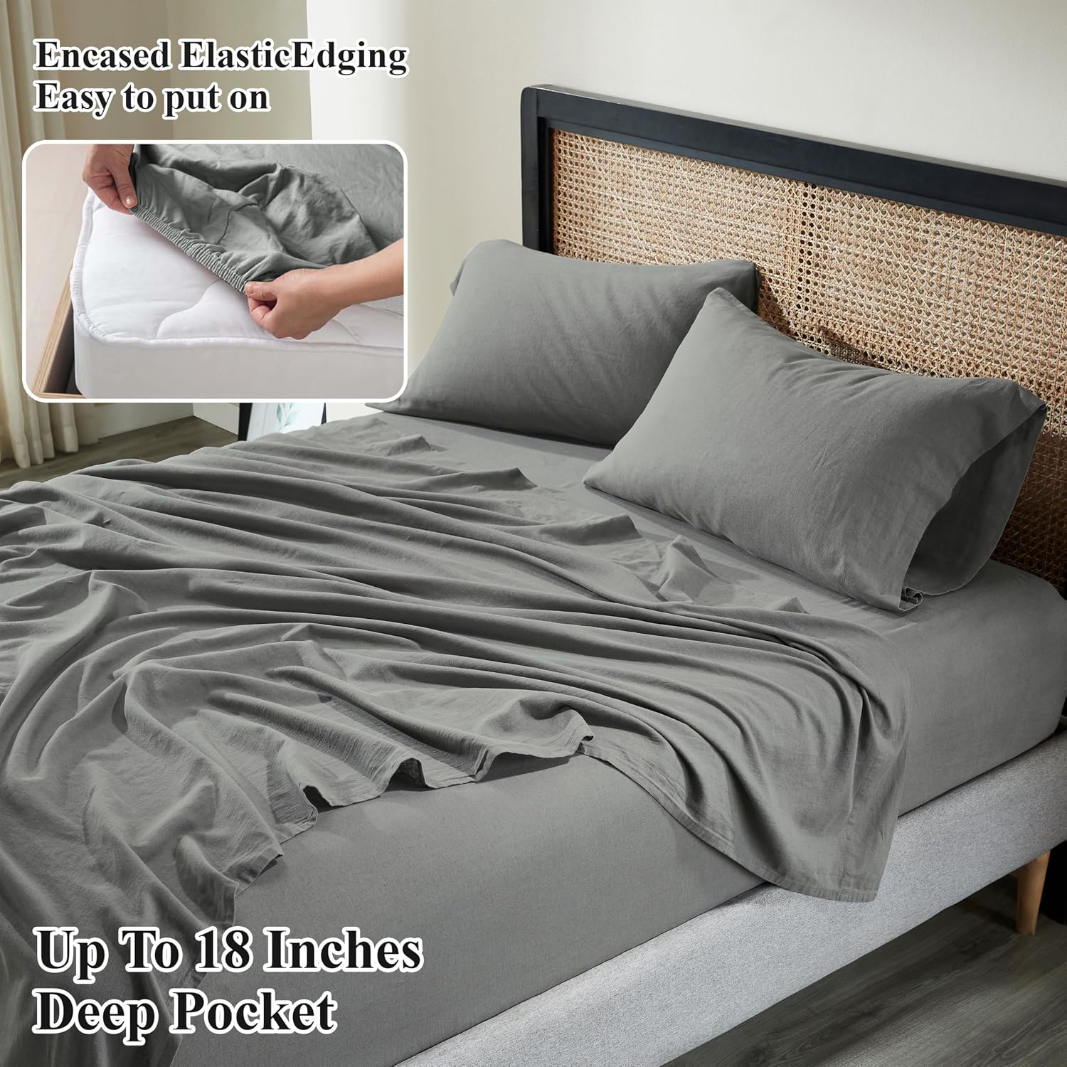 Superior Cotton Linen Blend Sheet Set, Bedsheets for Home Decor, Modern Solid Bedding Includes 1 Oversized Fitted Sheet, 1 Flat Sheet, 2 Pillowcases, Bedroom Essentials, King Size, Charcoal