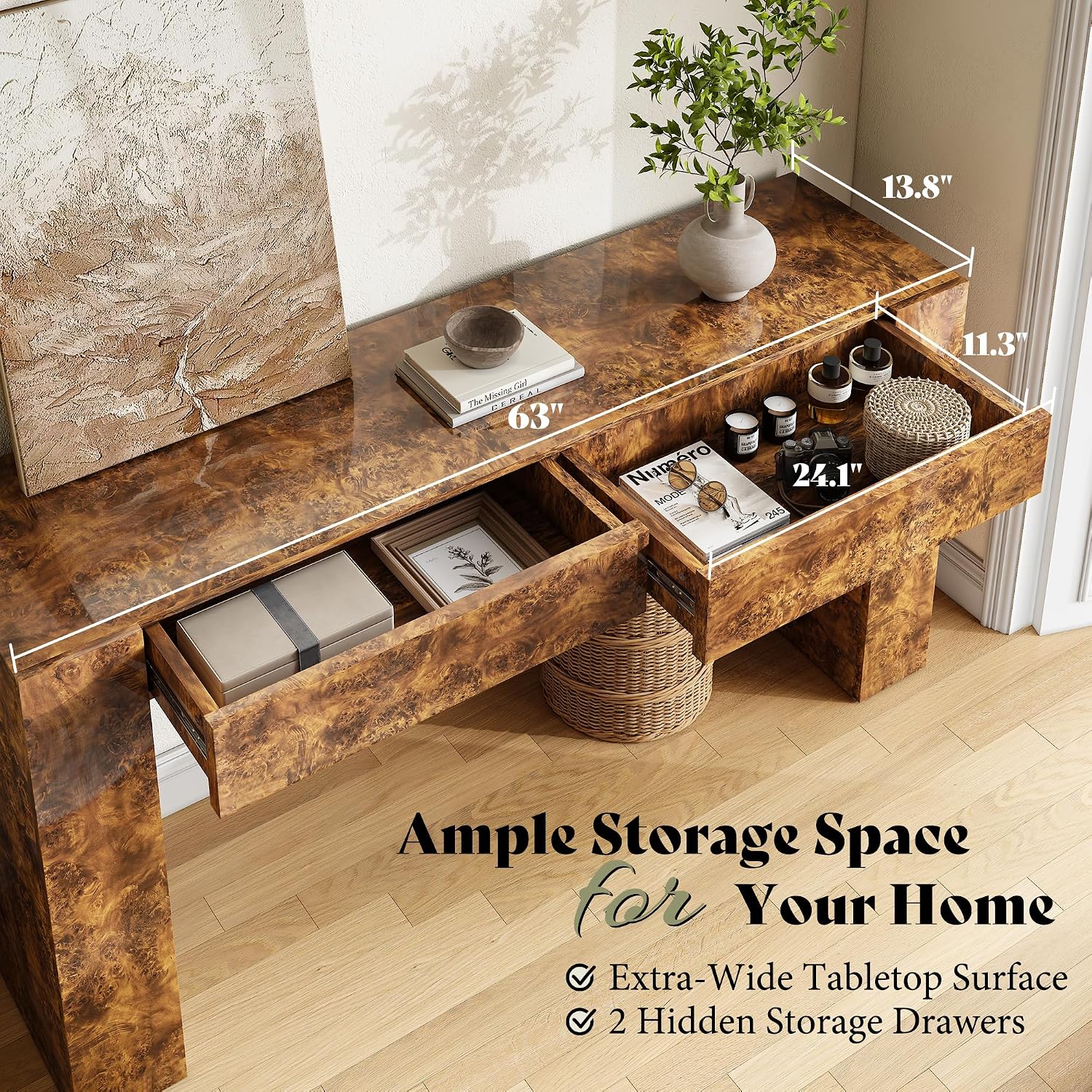 AMERLIFE 63' Burl Wood Console Table, Modern High Gloss Entryway Table with 2 Storage Drawers, Long Sofa Table Behind the Couch for Entrance, Hallway, Foyer, Living Room, Brown