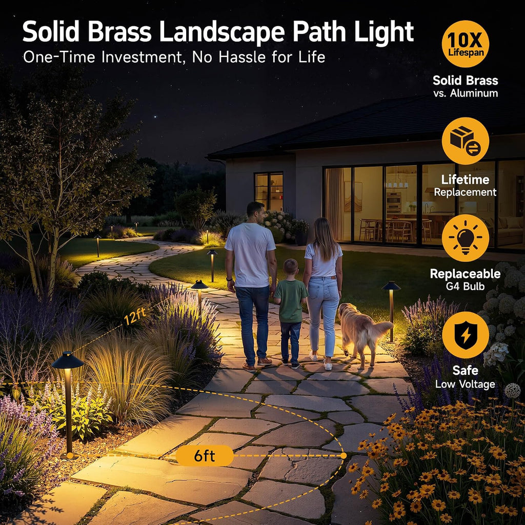 Gardenreet Brass Low Voltage Pathway Lights - 12V LED Landscape Path Lighting, Walkway Light Waterproof IP65, Hat Shaped Wired ‎Classic Black for Outdoor Entrance Garden G4 Bulb Not Included (6 Pack)