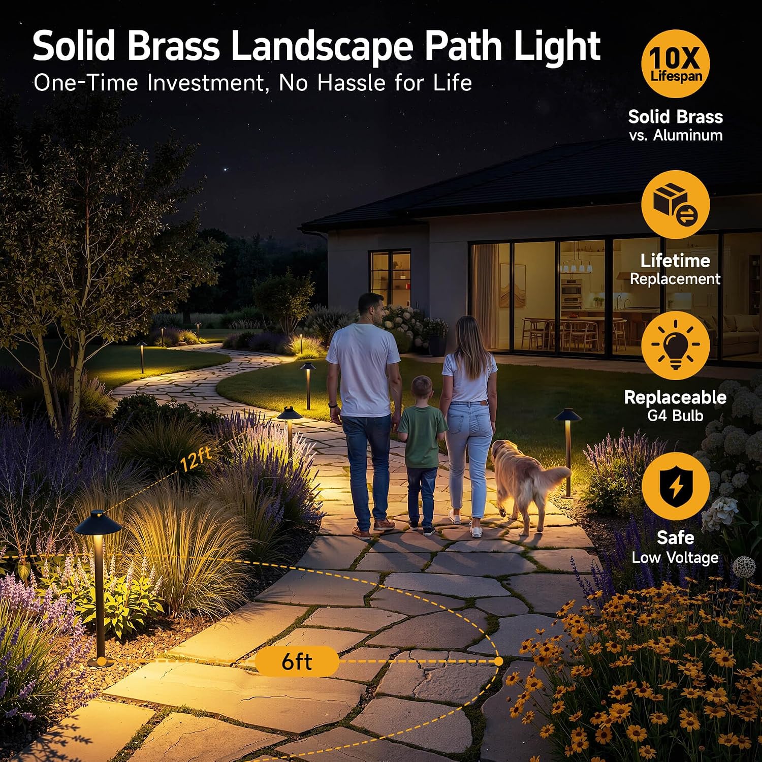 Gardenreet Brass Low Voltage Pathway Lights - 12V LED Landscape Path Lighting, Walkway Light Waterproof IP65, Hat Shaped Wired ‎Classic Black for Outdoor Entrance Garden G4 Bulb Not Included (6 Pack)