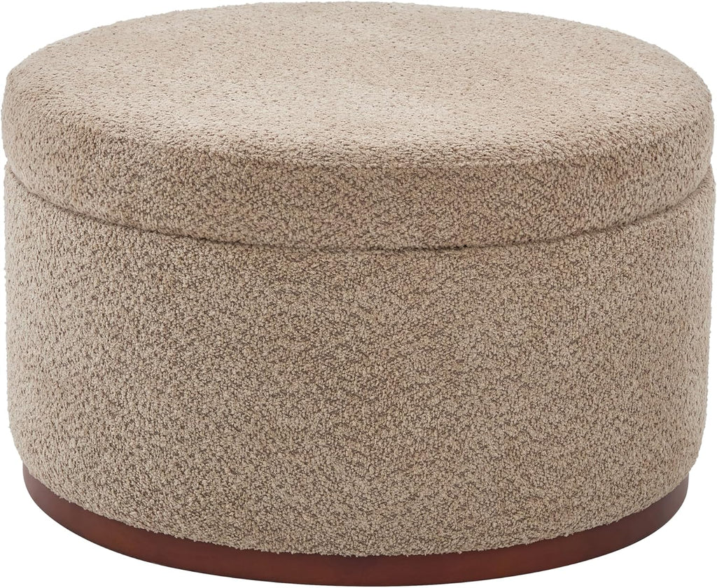 Christopher Knight Home Sadin Modern Round Ottoman with Storage for Living Room, Lift-Lid Storage Ottoman Coffee Table, Chenille Upholstered Ottoman Foot Rest, No Assembly Needed, Light Brown