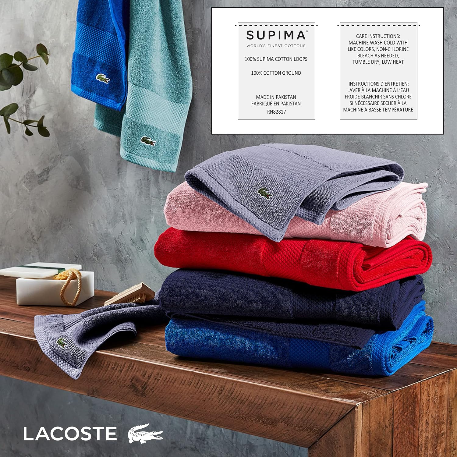 Lacoste Heritage Supima Cotton Bath Towel, Aloe, 30' x 54' (Pack of 6)