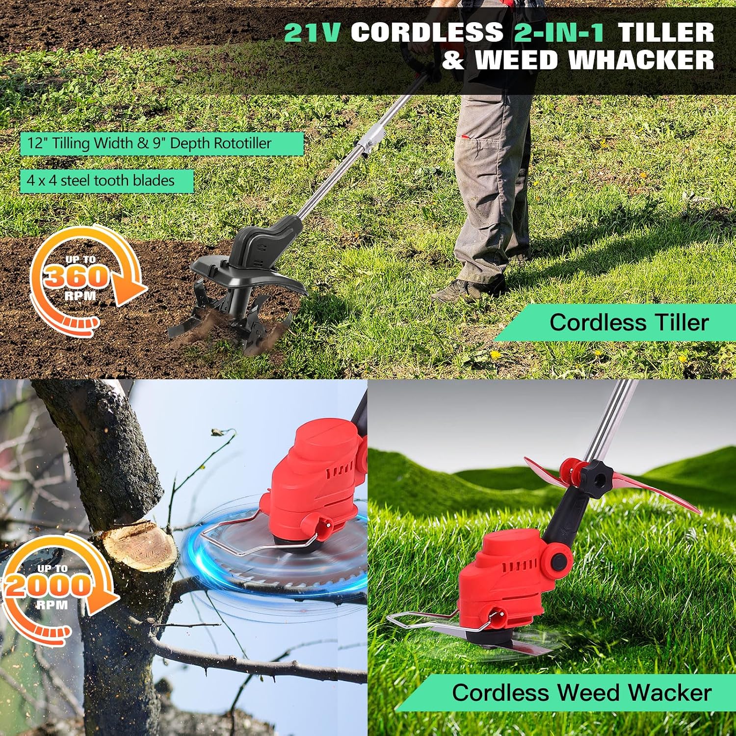 Cordless 2-in-1 Tiller & Weed Whacker Combo, 800W Brushless Motor, 12'x9' Rototiller, 8' Trimmer, 2x21v 6.0Ah Battery, Electric Weed Eater & Garden Tiller, Perfect for Lawn Care & Gardening Tools