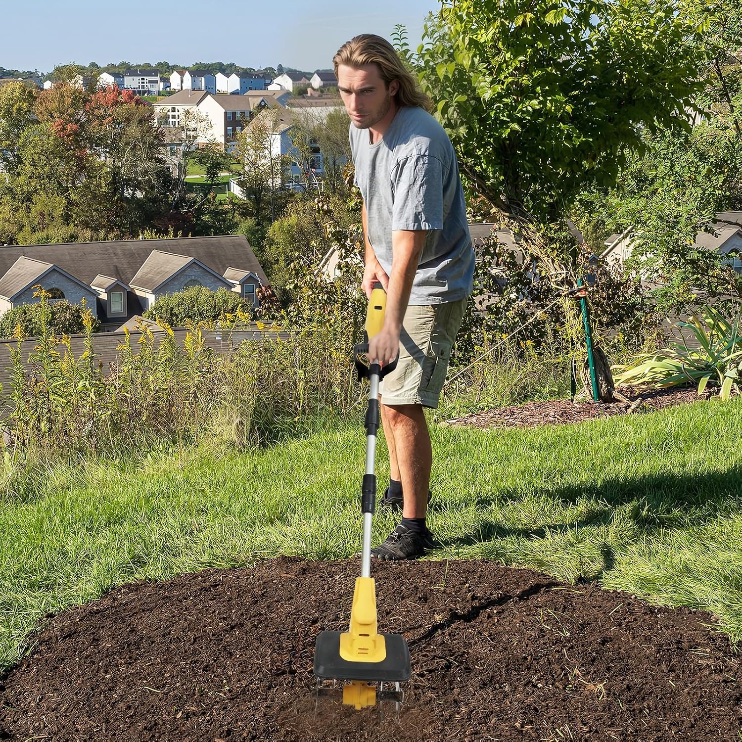 21V Cordless Tiller Cultivator, Battery Powered Garden Rototiller with 2×3 Ah Batteries & Charger, 9 in Tilling Width, 6.6 in Depth, Electric Tiller for Lawn Gardening Soil Cultivation Yellow