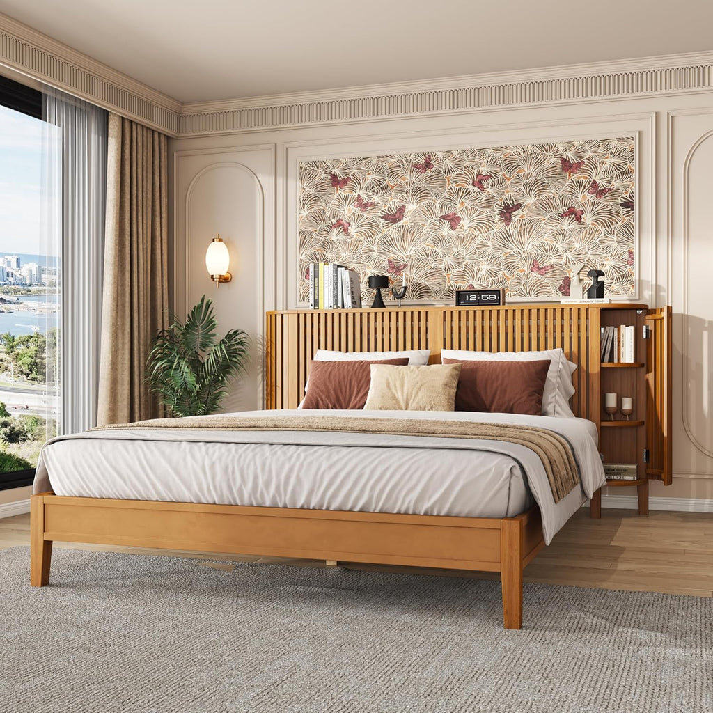 Christopher Knight Home Renata Queen Bed Frame with Grace Slat Headboard, Platform Bed with Side Cabinets, Wood Bed Frame Queen Size, Solid Stable Bedframe, No Box Spring Needed, Noise Free, Natural