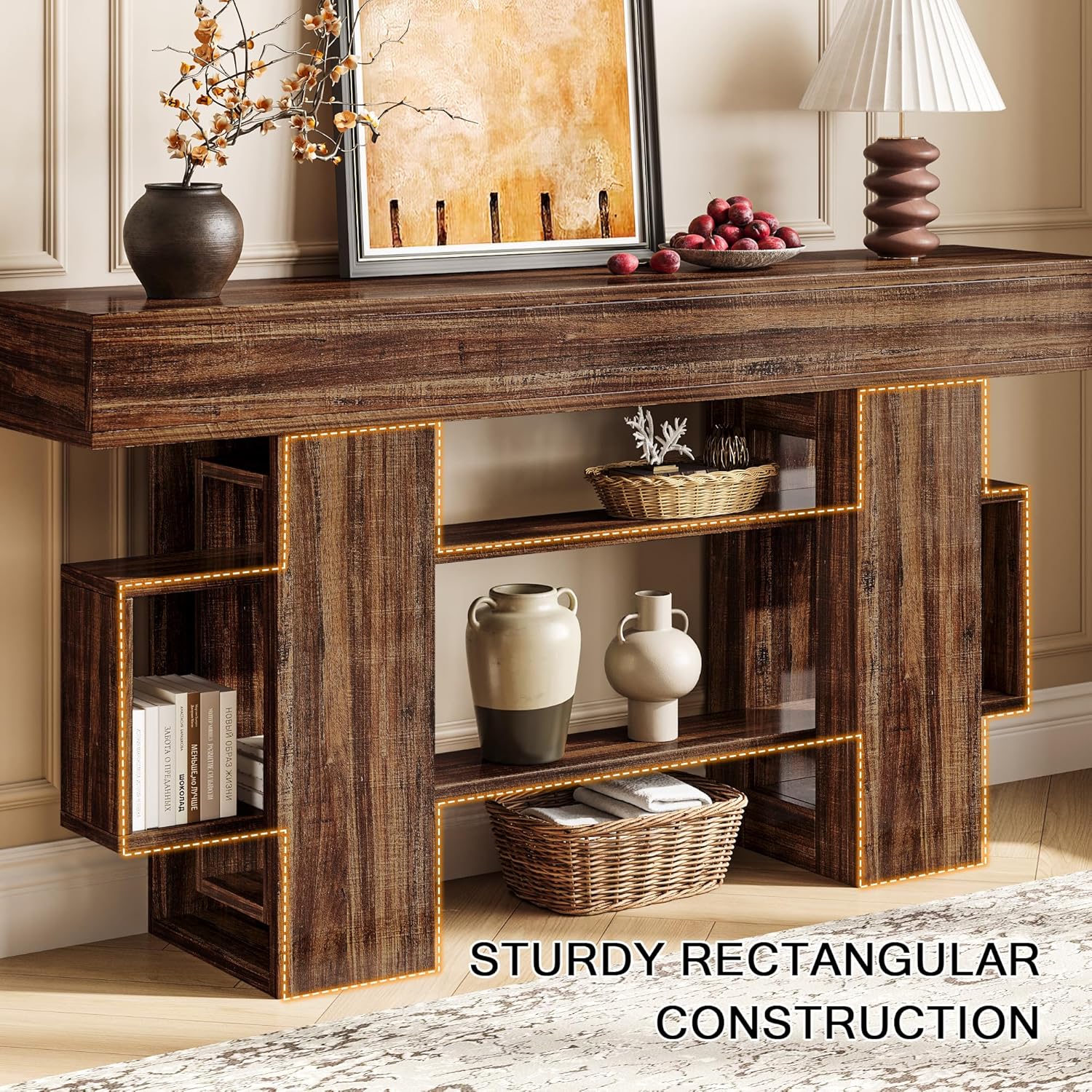 Einhomn 63 Inch Long Console Table for Entryway, Farmhouse Wooden Sofa Table Behind Couch with 3-Tier Storage Shelf, Narrow Entry Accent Table for Living Room, Hallway, Foyer, Rustic Brown