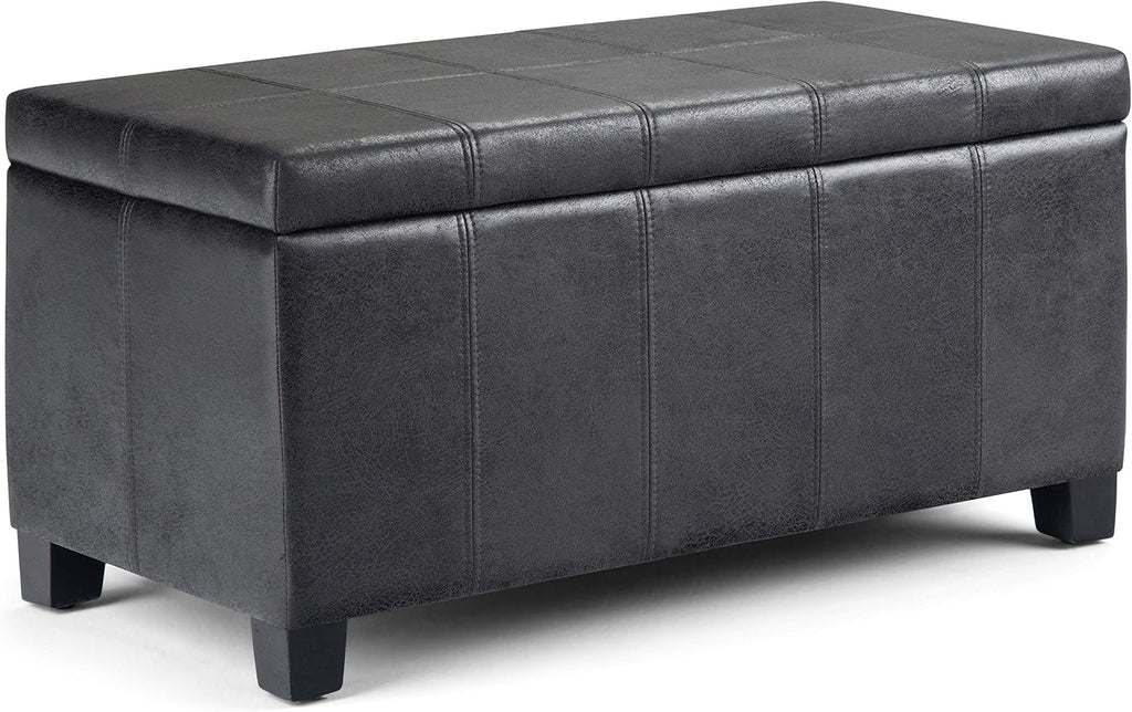 SIMPLIHOME Dover Storage Ottoman Bench - 36 inch Wide Upholstered Vegan Leather Rectangular Lift-Top Ottoman in Distressed Black, Contemporary Bench for Living Room with Safety Hinges