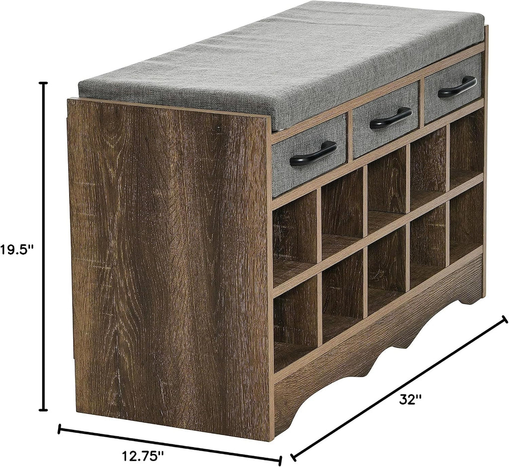 Household Essentials Entryway Storage Bench with 3 Grey Drawers 10 Shoe Compartments and Cushioned Seat in Ashwood Rustic Wood Grain