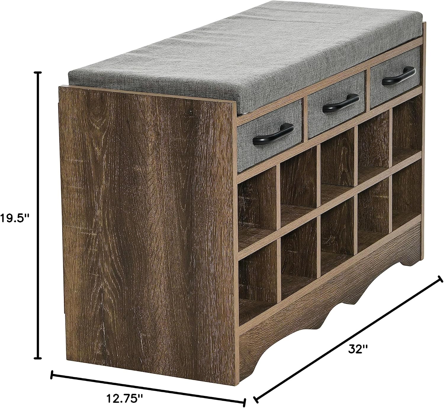 Household Essentials Entryway Storage Bench with 3 Grey Drawers 10 Shoe Compartments and Cushioned Seat in Ashwood Rustic Wood Grain