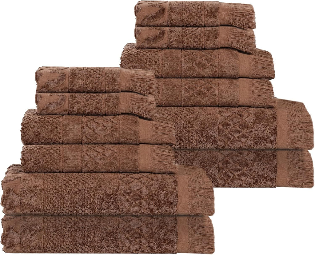 Superior Cotton 12 Piece Towel Set, Quick Dry, Bathroom Essentials, Shower, Spa, Luxury Plush Soft Absorbent Towels, Includes 4 Bath, 4 Hand, 4 Washcloth/Face Towels, Rolla Collection, Chocolate