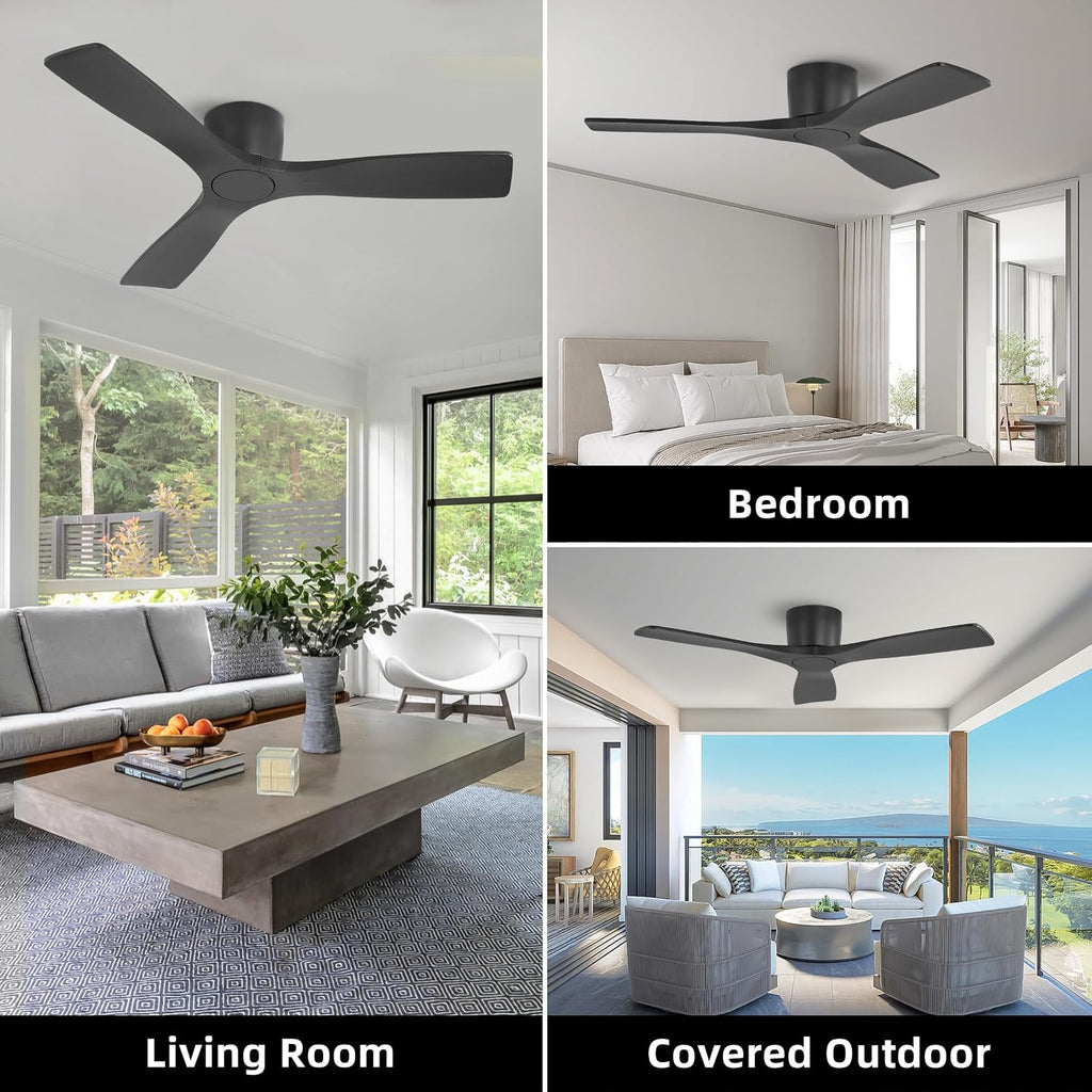 WINGBO 48 Inch Flush Mount DC Ceiling Fan without Lights, 3 Carved Wood Blades, 6-Speed Noiseless Reversible DC Motor, Hugger Ceiling Fan No Lights in Black Finish, ETL Listed