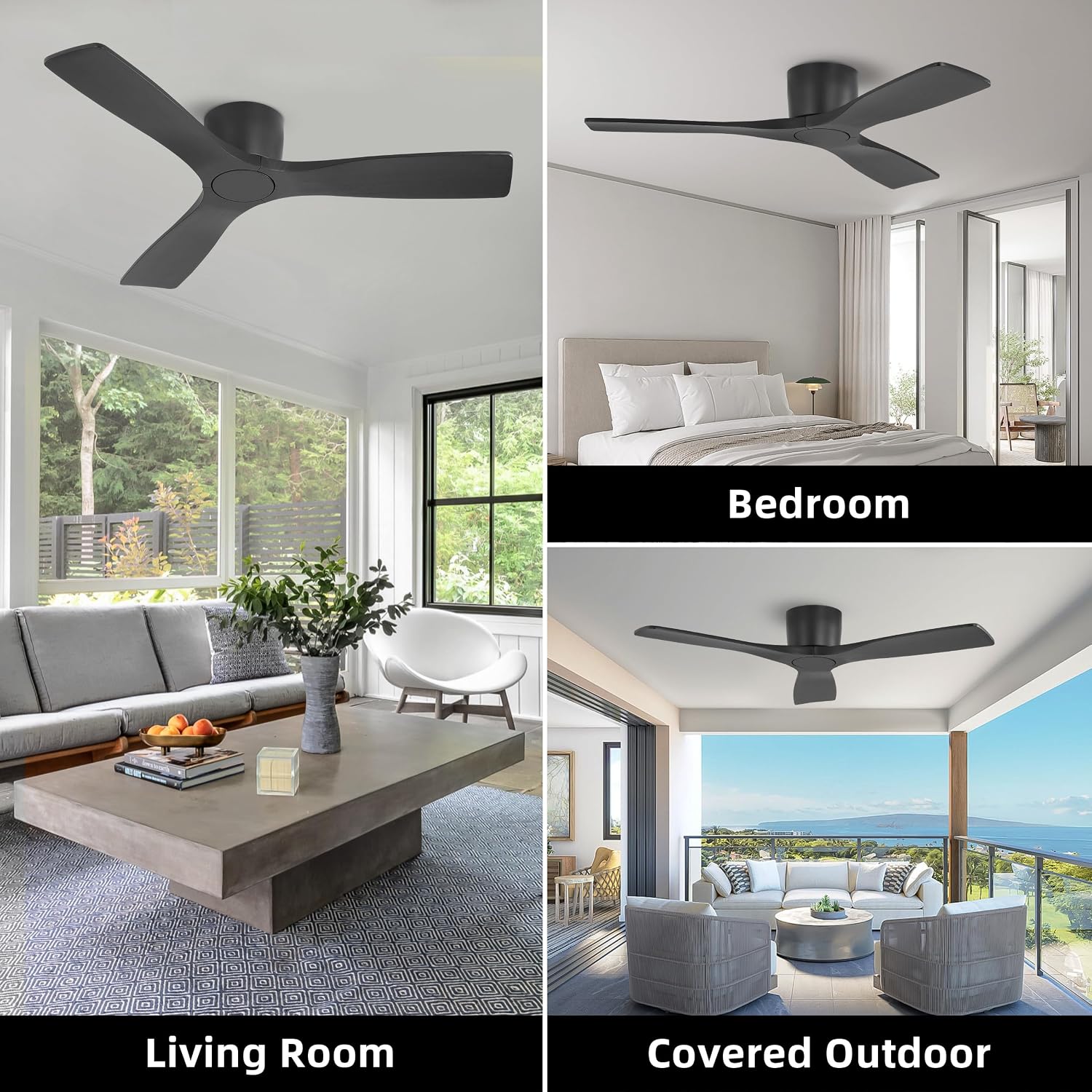 WINGBO 48 Inch Flush Mount DC Ceiling Fan without Lights, 3 Carved Wood Blades, 6-Speed Noiseless Reversible DC Motor, Hugger Ceiling Fan No Lights in Black Finish, ETL Listed