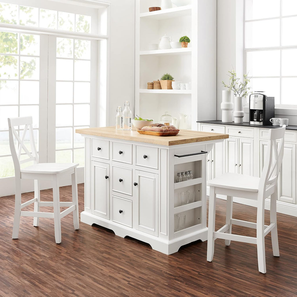 Crosley Furniture Julia Wood Top Island with Storage, Coffee Bar, and a Set of 2 X-Back Stools, White