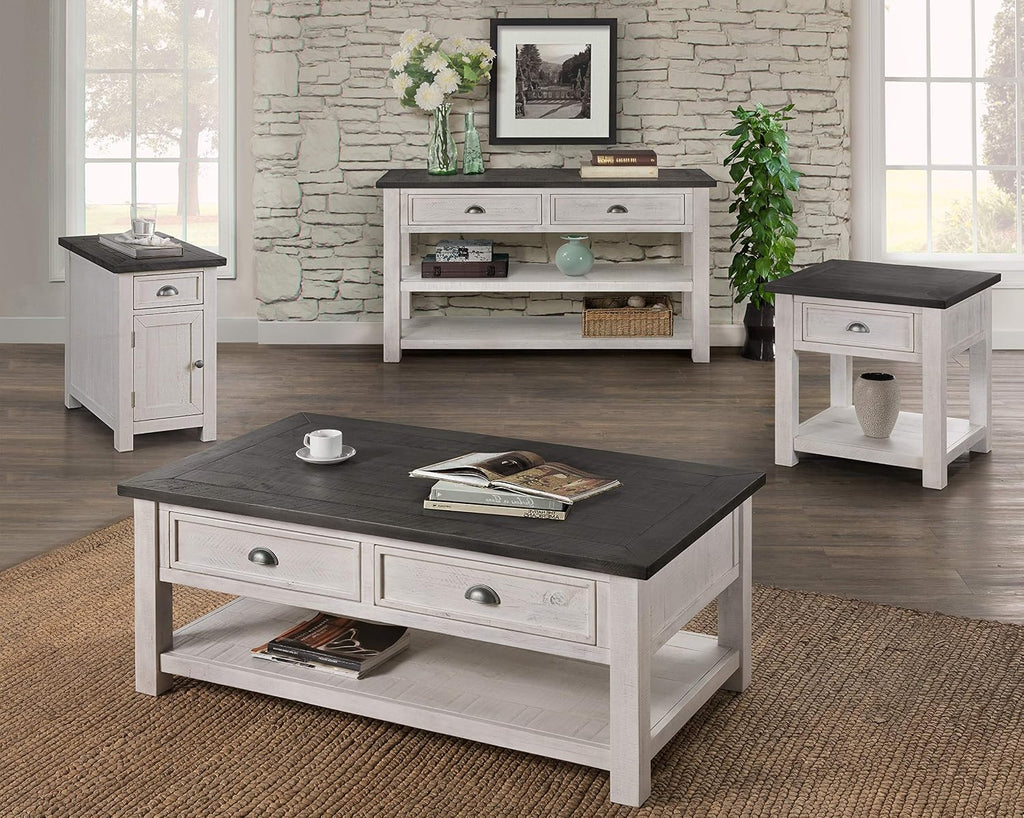 Martin Svensson Home Monterey Chairside Table - White with Grey Top - Coastal Multi-Use Table with Charging Station and Drawer for Bedroom or Living Room
