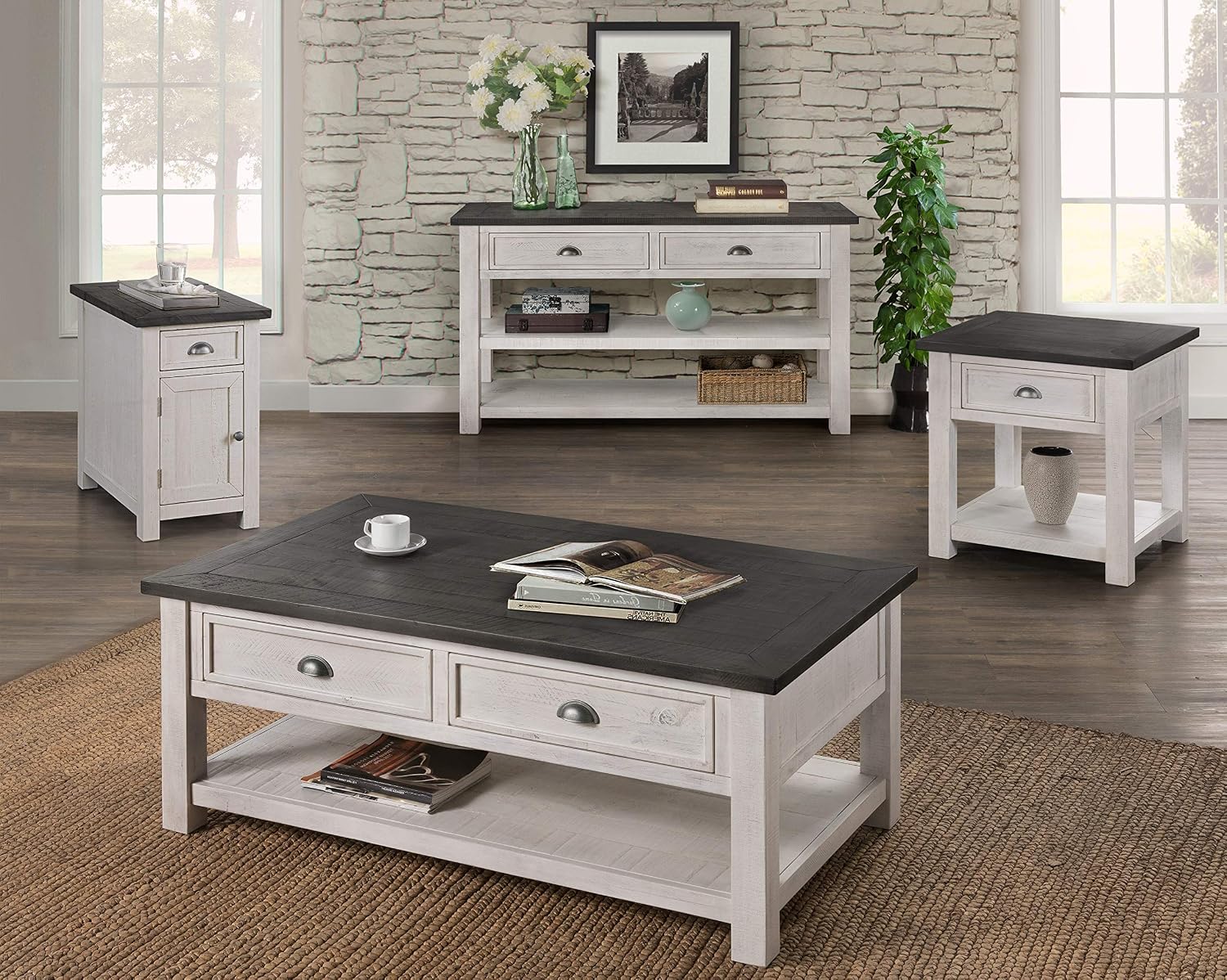 Martin Svensson Home Monterey Chairside Table - White with Grey Top - Coastal Multi-Use Table with Charging Station and Drawer for Bedroom or Living Room