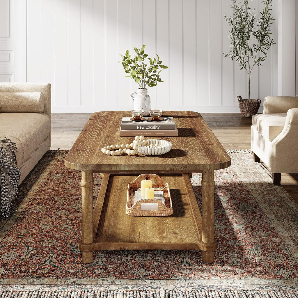 47' Rectangle Coffee Table, Solid Wood Center Table with 2-Tier Storage, Modern Farmhouse Coffee Furniture for Living Room, Home & Family Room, Natural Brown