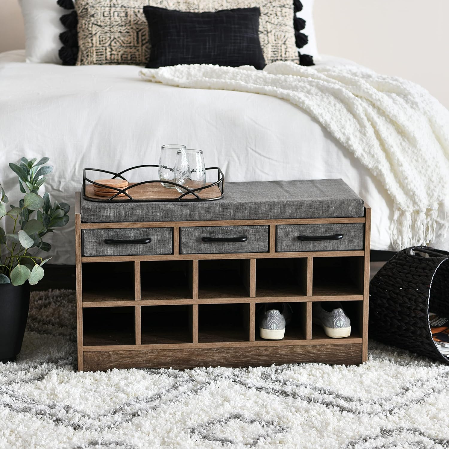 Household Essentials Entryway Storage Bench with 3 Grey Drawers 10 Shoe Compartments and Cushioned Seat in Ashwood Rustic Wood Grain