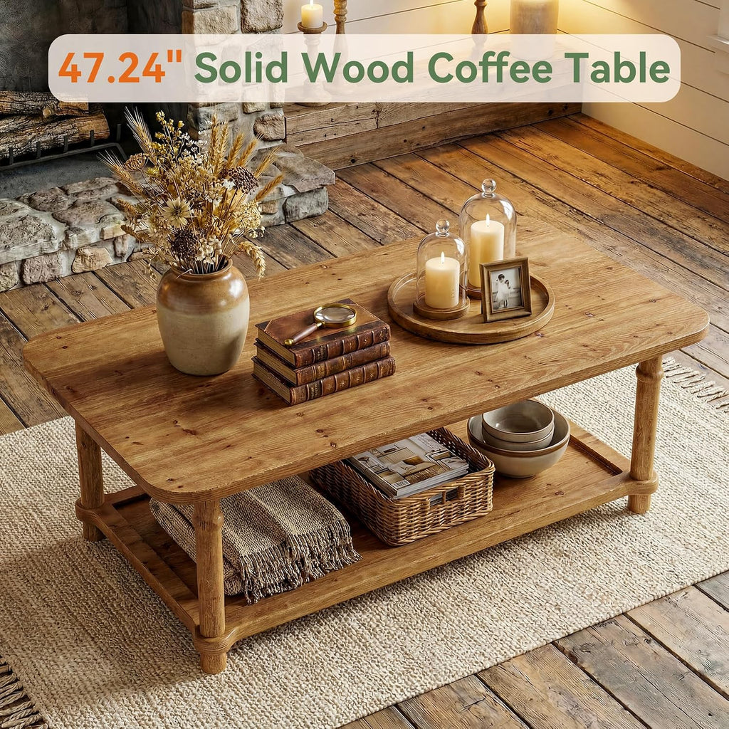 47' Rectangle Coffee Table, Solid Wood Center Table with 2-Tier Storage, Modern Farmhouse Coffee Furniture for Living Room, Home & Family Room, Light Brown