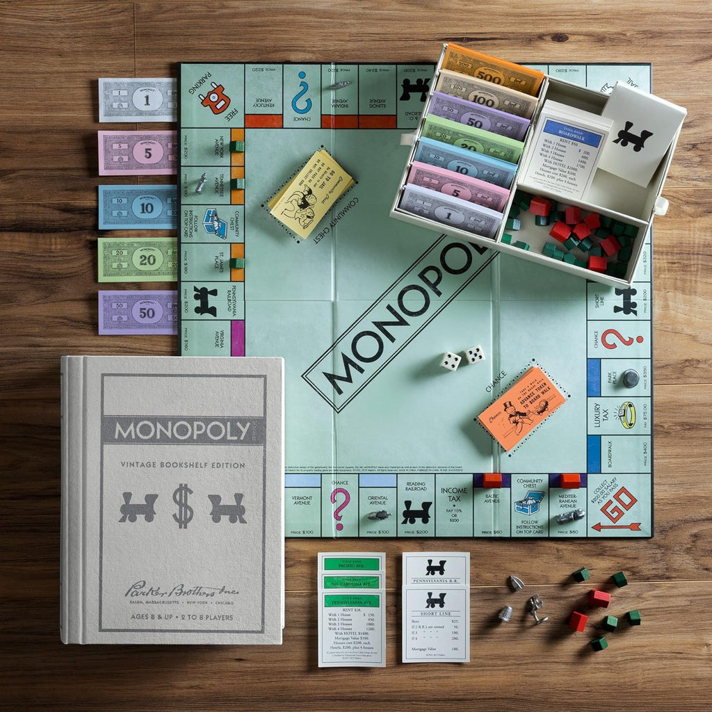 WS Game Company Vintage Board Games Bookshelf Collection - Scrabble, Monopoly & Clue in Book-Style Cases for Family Game Night, Classic Board Games for 2-6 Players, Ages 8+
