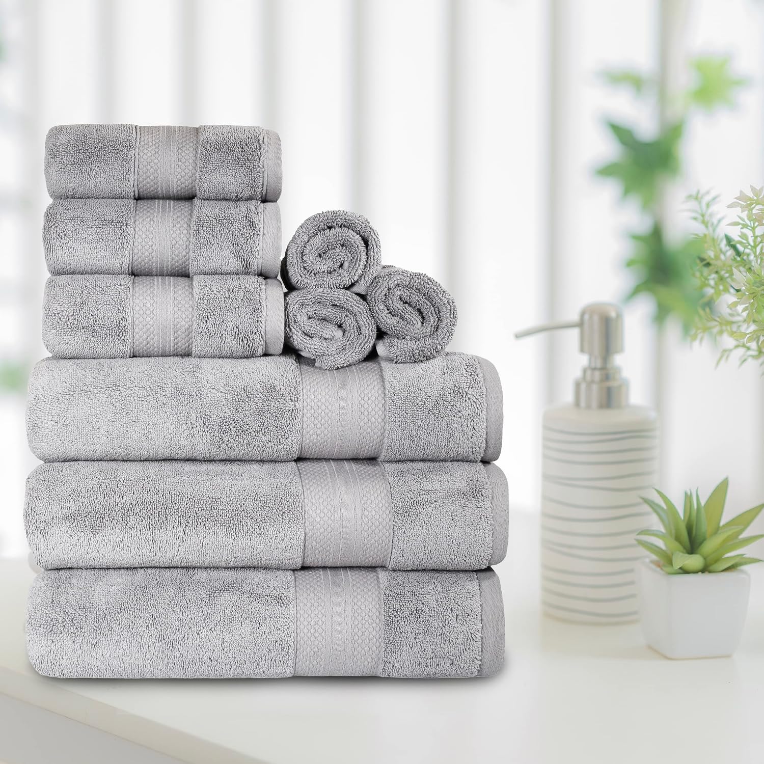 Superior Turkish Cotton 9-Piece Towel Set, 3 Bath, 3 Hand, 3 Face Towels for Home, Bathroom Essentials, Hotel, Resort, Spa, Shower, Adult, Kids, Airbnb, Plush, Soft, Apartment, Grey