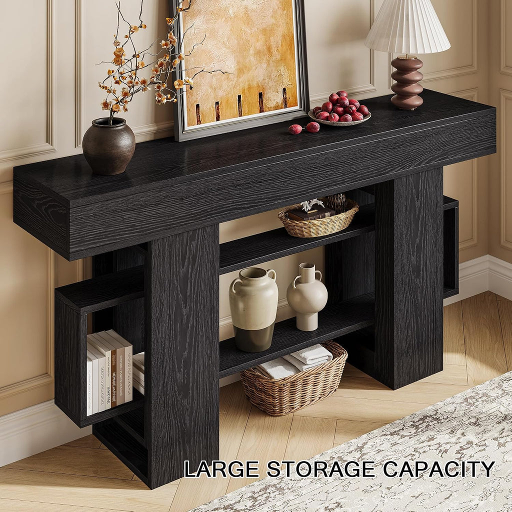Einhomn 63 Inch Long Console Table for Entryway, Modern Wooden Sofa Table Behind Couch with 3-Tier Storage Shelf, Narrow Entry Accent Table for Living Room, Hallway, Foyer, Black