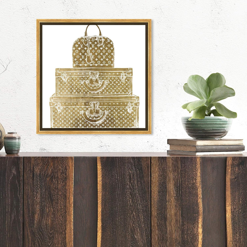 The Oliver Gal Artist Co. Fashion and Glam Framed Wall Art Canvas Prints 'Royal Bag and Luggage Gold Diecut' Travel Essentials, Model: 28278_16x16_Canv_PSGLD