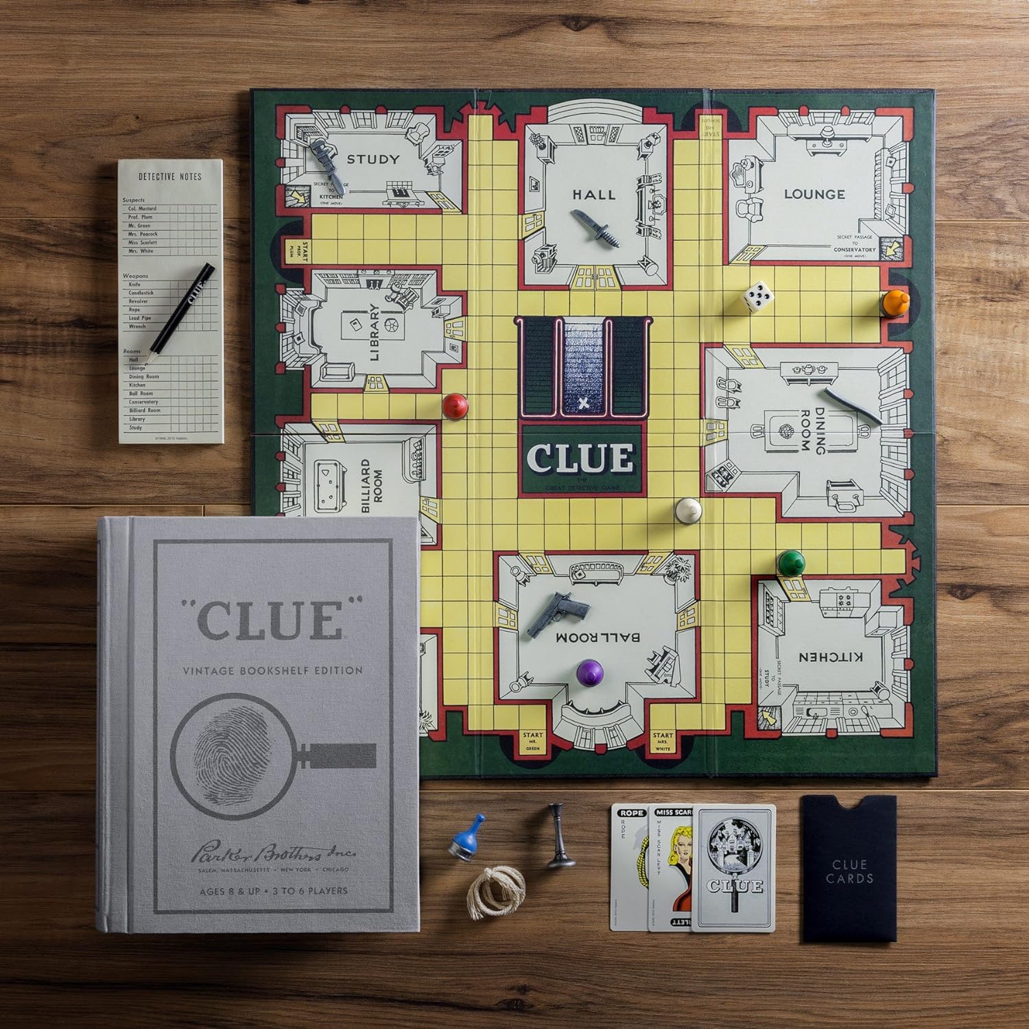 WS Game Company Vintage Board Games Bookshelf Collection - Scrabble, Monopoly & Clue in Book-Style Cases for Family Game Night, Classic Board Games for 2-6 Players, Ages 8+