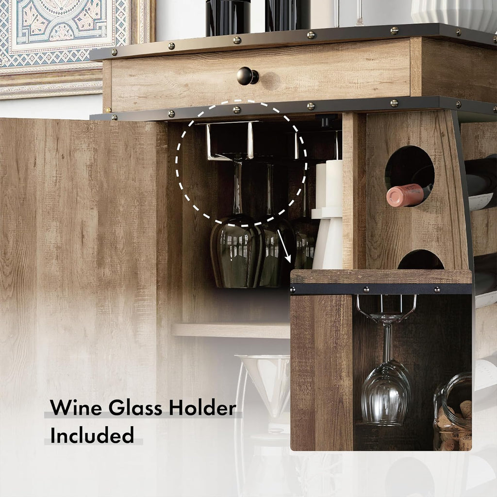 24/7 Shop at Home Delia Vintage 8 Bottle Small Wine Cabinet with Storage, Indoor Home Bar Furniture, Glass Holder, Drawer, Adjustable Shelf for Kitchen, Living Room, Apartment, Dining Room, Oak Brown