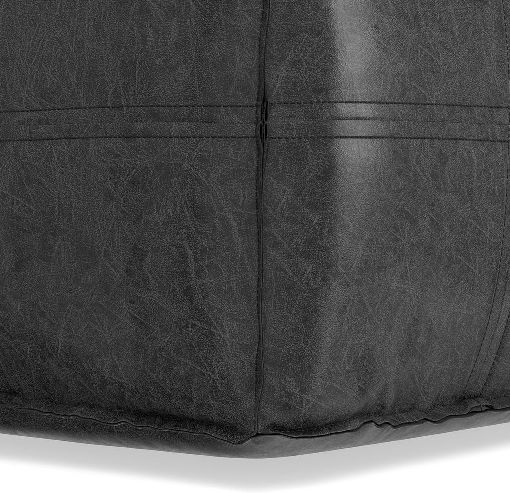 SIMPLIHOME Brody Square Pouf - 18' Wide x 14' High Upholstered Vegan Leather Ottoman in Distressed Black, Boho Footstool, Coffee Table or Extra Seating for Living Room or Bedroom, Assembled