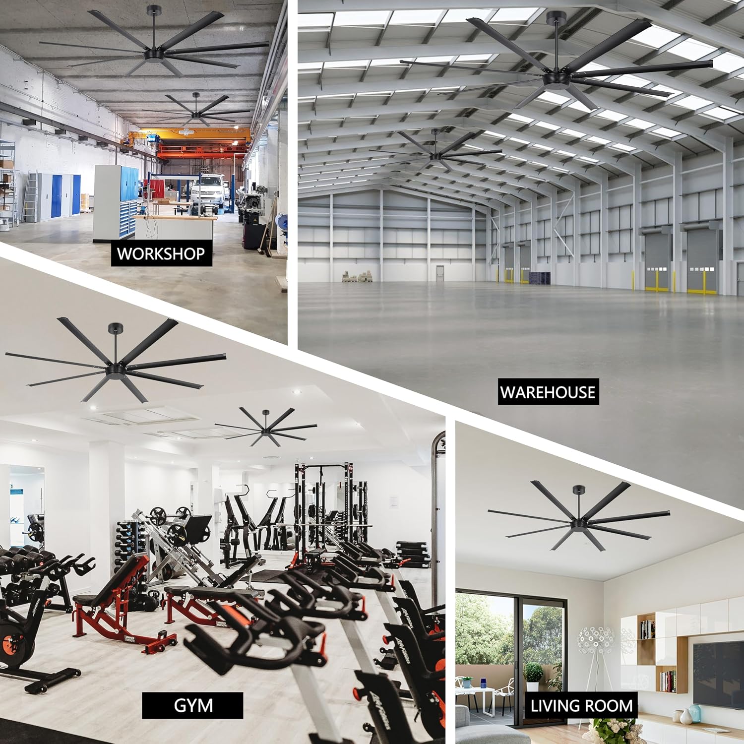 Ohniyou 96'' Industrial Ceiling Fan No Light - High CFM Large Metal Fan with 8 Aluminum Blades, Remote/APP Controlled, DC Motor, for Shop, Warehouse, Gym, Black