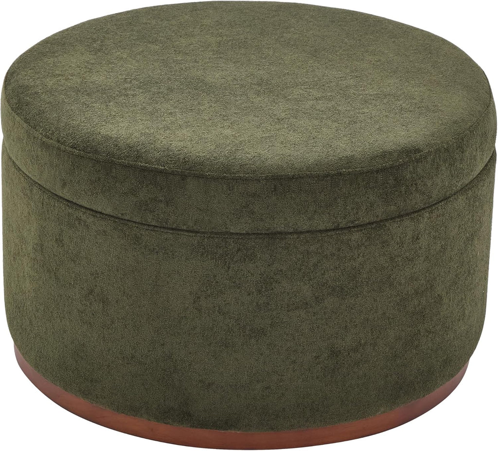 Christopher Knight Home Sadin Modern Round Ottoman with Storage for Living Room, Lift-Lid Storage Ottoman Coffee Table, Velvet Upholstered Ottoman Foot Rest, No Assembly Needed, Olive Green