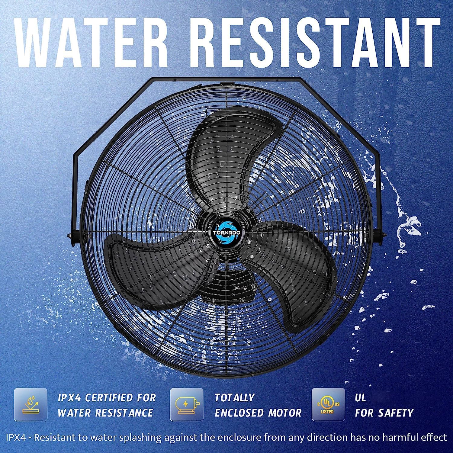 Tornado 20 Inch Outdoor Rated IPX4 Water-Resistant High Velocity Fan Industrial Workstation Wall Mount Fan For Commercial, Industrial, Residential, Greenhouse Use 3 Speed 4750 CFM UL Safety Listed