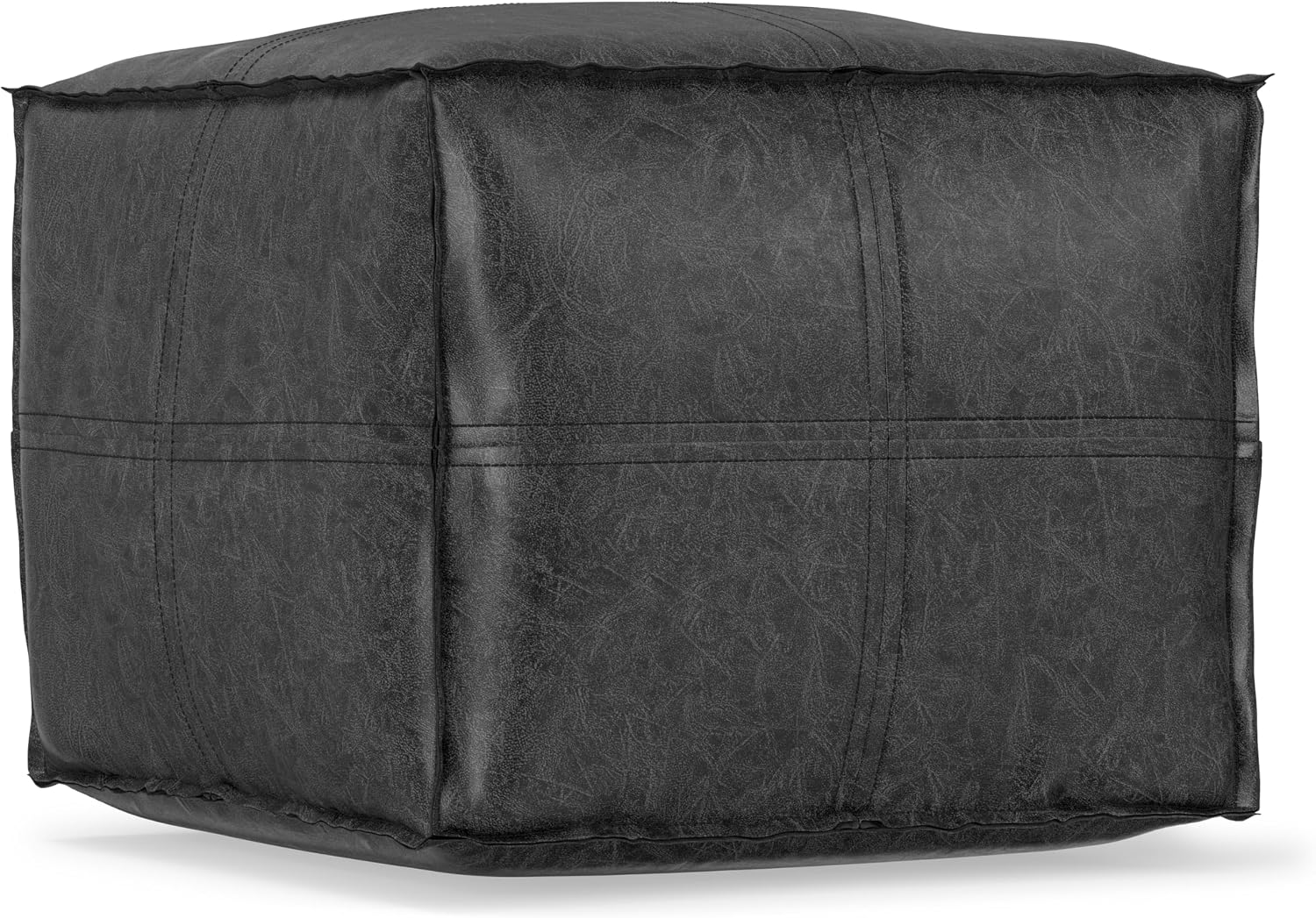 SIMPLIHOME Brody Square Pouf - 18' Wide x 14' High Upholstered Vegan Leather Ottoman in Distressed Black, Boho Footstool, Coffee Table or Extra Seating for Living Room or Bedroom, Assembled