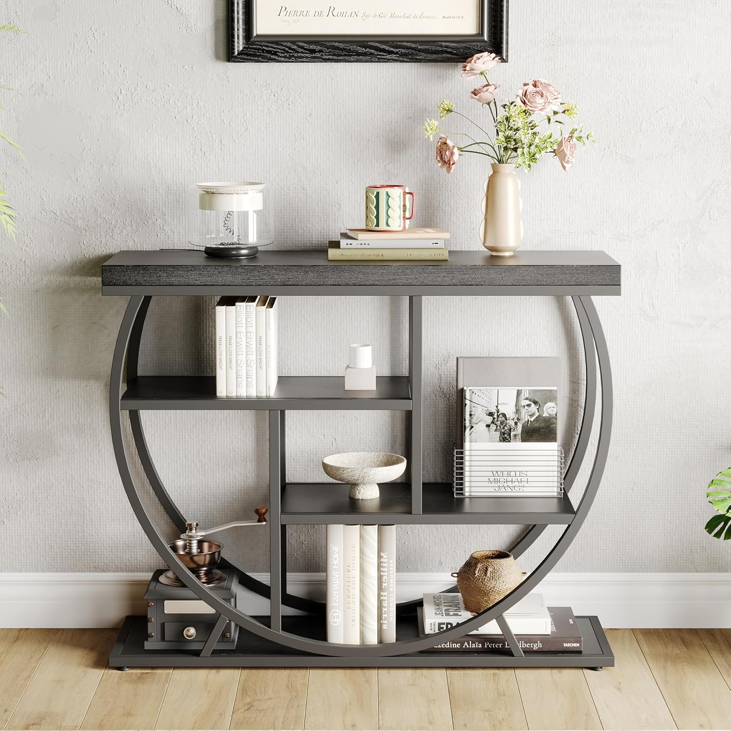 Garvee Entryway Table with Storage, Industrial 4-Tier Narrow Console Table Behind Couch with Half-Circle Base & Storage Shelves for Living Room, Hallway, Foyer