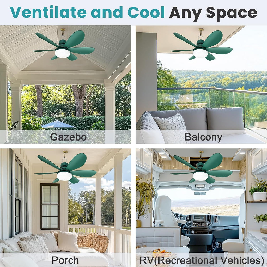 Solar Ceiling Fan Light with Battery and Adjustable Thermostat, 20' Outdoor Ceiling Fans for Gazebo with 2pcs 15W Bifacial Solar Panels, Solar Powered Canopy Fan for Patio, Sunroom, RV(Green)