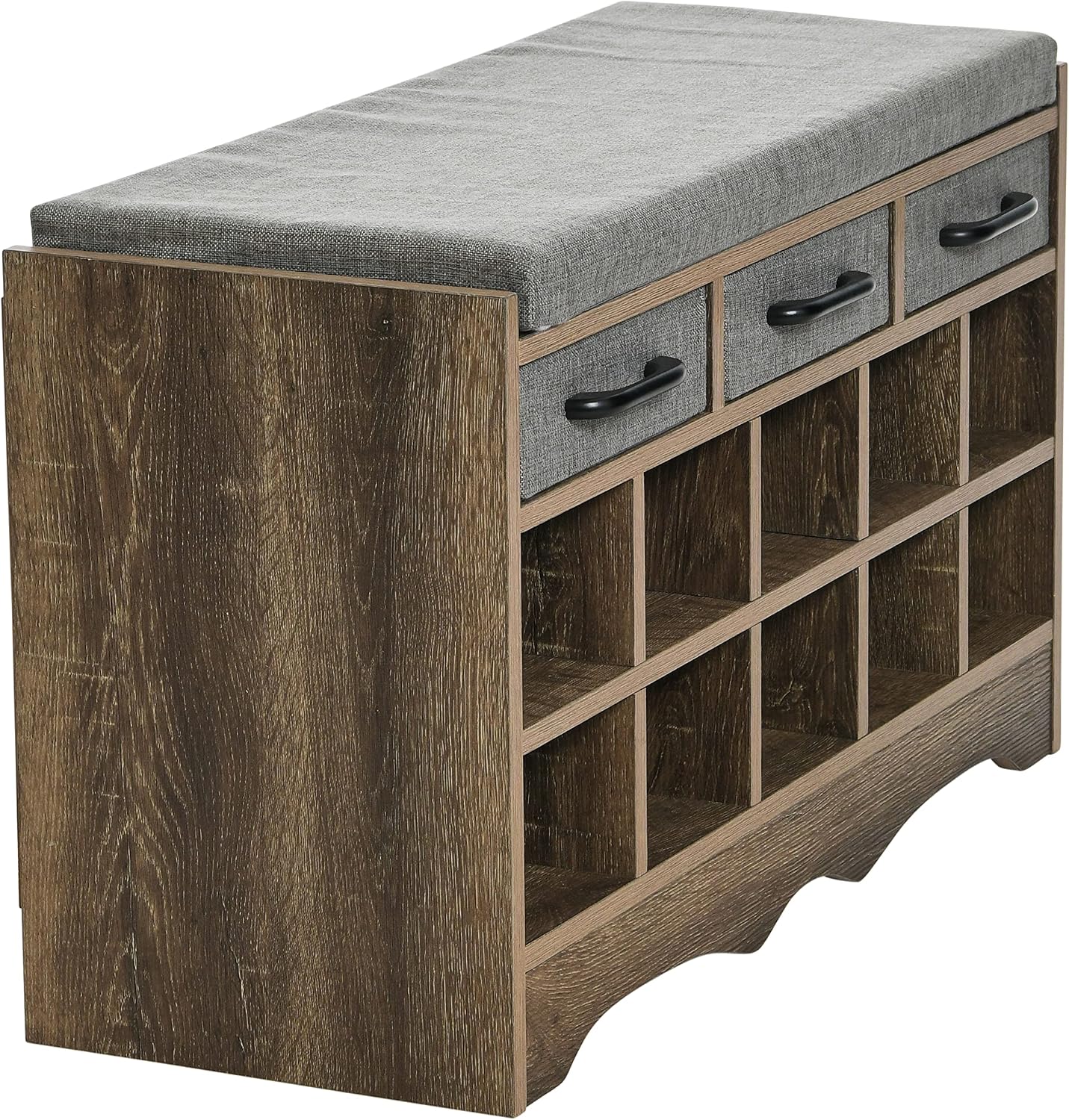 Household Essentials Entryway Storage Bench with 3 Grey Drawers 10 Shoe Compartments and Cushioned Seat in Ashwood Rustic Wood Grain