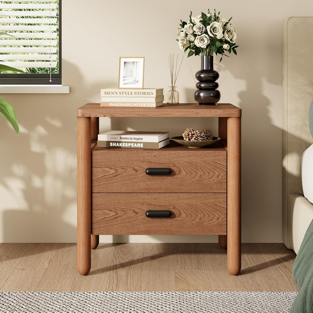 Christopher Knight Home Delwyn Modern Nightstand, Wooden Small Night Stand with Drawers and Open Storage Shelf, Bedside Table/End Table with Rounded Legs, Multipurpose Storage Cabinet, Brown