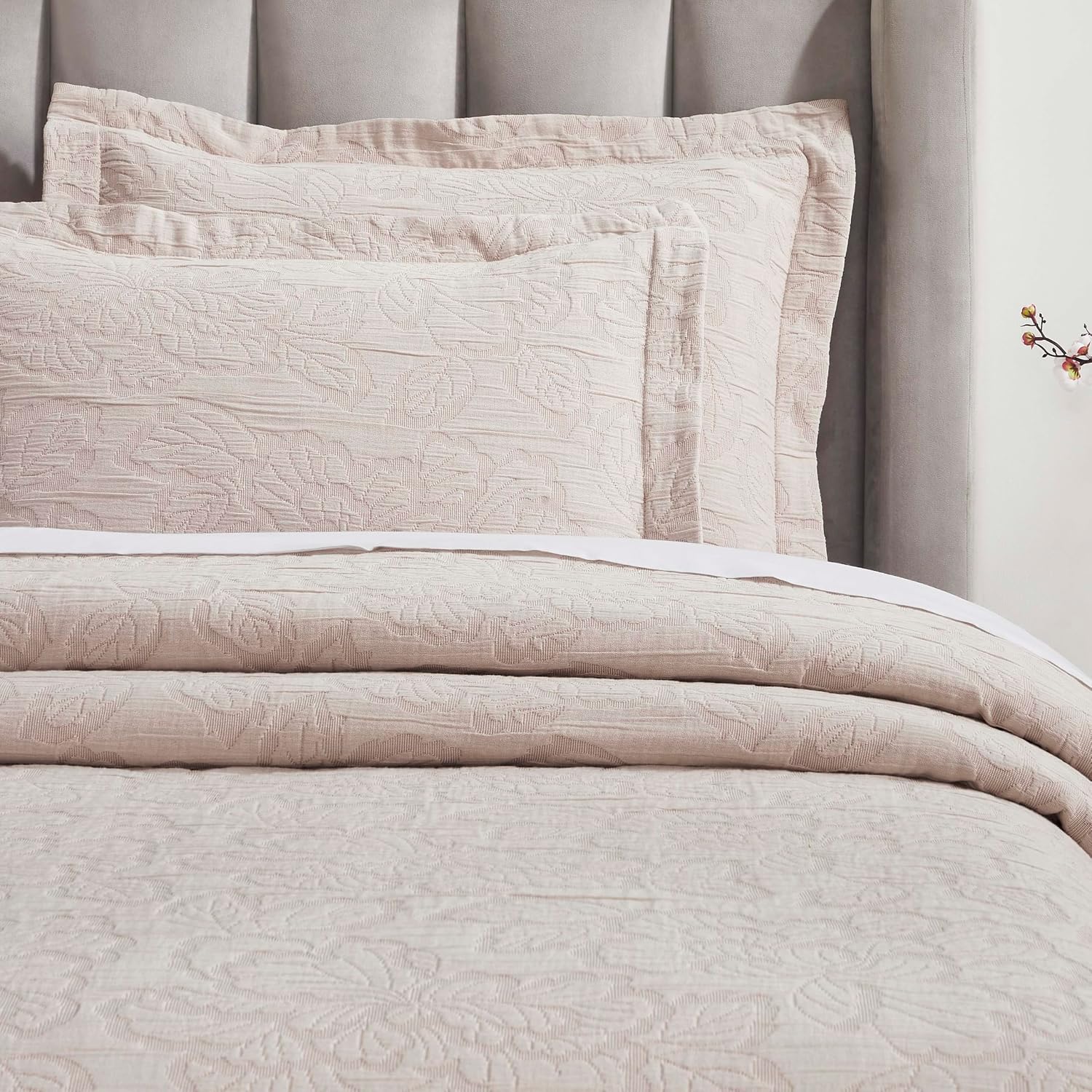 Superior 3 Piece Cotton Bedspread Set, Home Bed Decor, Decorative Bed Spread, 2 Pillow Shams, Medium Weight Blanket, Matelasse Coverlet Bedding, Hibiscus Collection, California King, Blush
