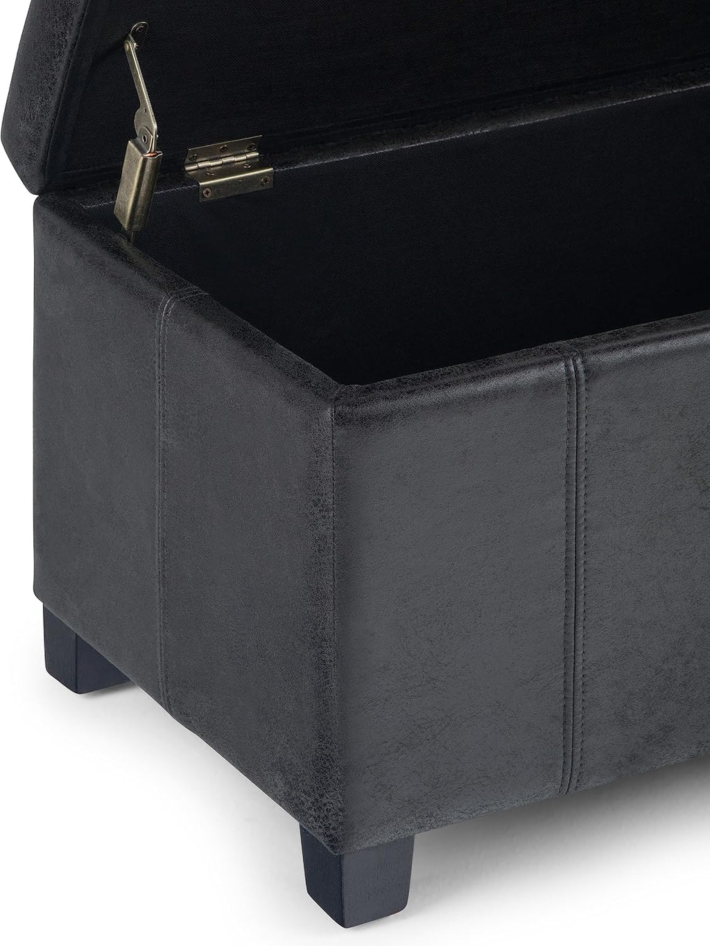 SIMPLIHOME Dover Storage Ottoman Bench - 36 inch Wide Upholstered Vegan Leather Rectangular Lift-Top Ottoman in Distressed Black, Contemporary Bench for Living Room with Safety Hinges