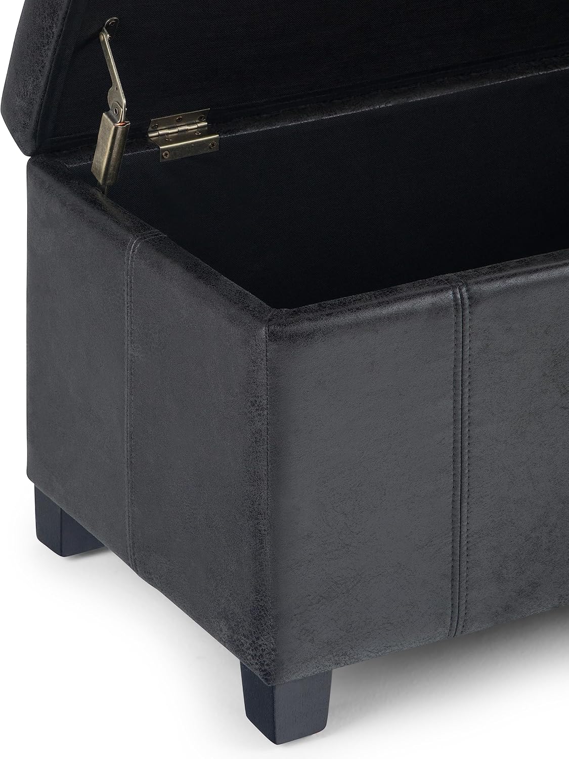 SIMPLIHOME Dover Storage Ottoman Bench - 36 inch Wide Upholstered Vegan Leather Rectangular Lift-Top Ottoman in Distressed Black, Contemporary Bench for Living Room with Safety Hinges