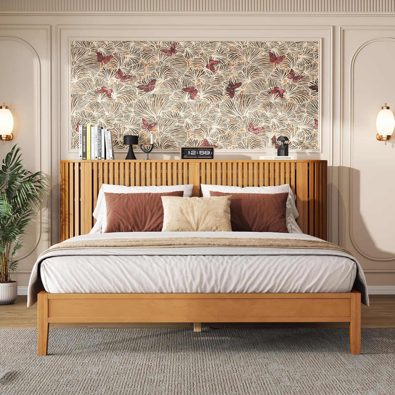 Christopher Knight Home Renata Queen Bed Frame with Grace Slat Headboard, Platform Bed with Side Cabinets, Wood Bed Frame Queen Size, Solid Stable Bedframe, No Box Spring Needed, Noise Free, Natural