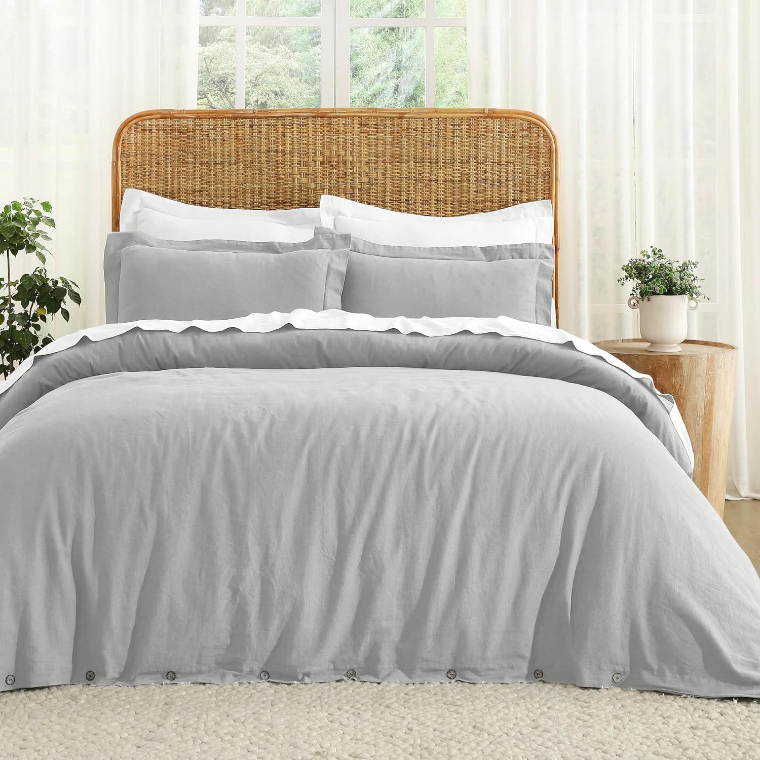 Superior Cotton Linen Duvet Cover Set, Chic Decor for Bedroom, Includes 1 Duvet Cover with Button Closure, 2 Pillow Shams, Boho Aesthetic Bedding Essentials, Soft, Lightweight, Full/Queen, Silver