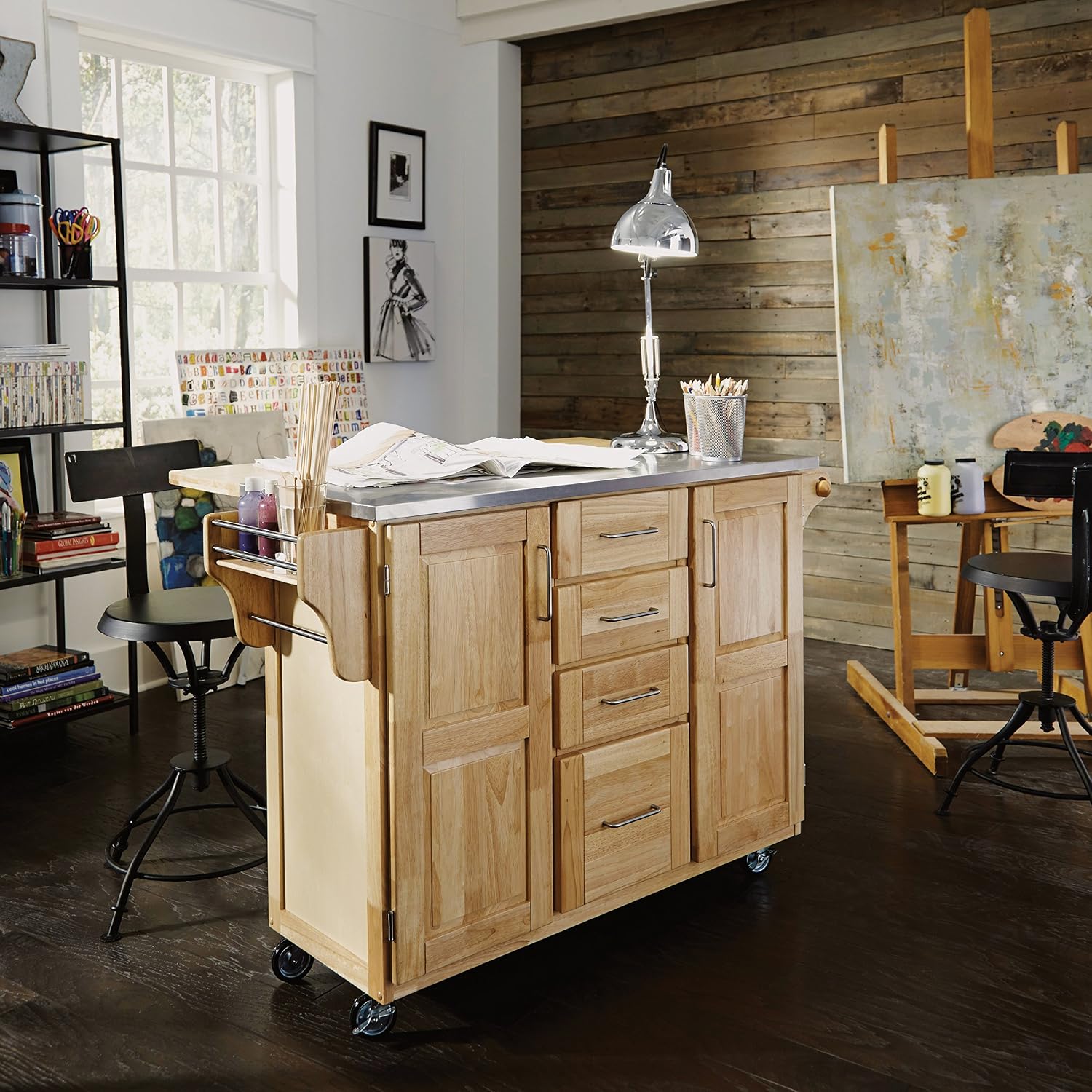 Homestyles General Line Mobile Kitchen Cart with Stainless Steel Top and Drop Leaf
